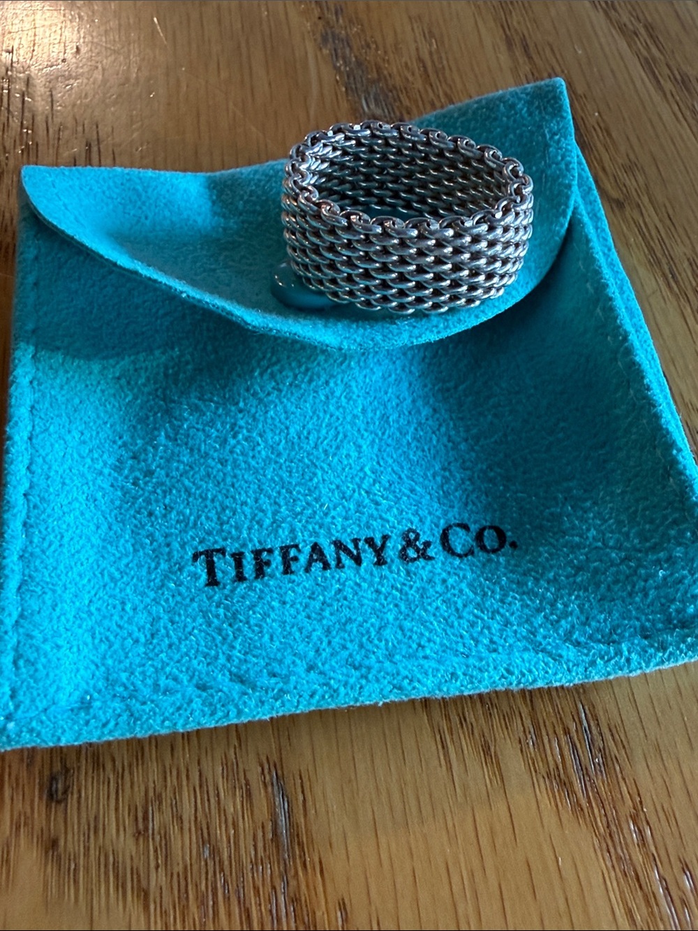 Tiffany & Co. Sterling Silver Wide Mesh Band Ring on Signature Blue Pouch